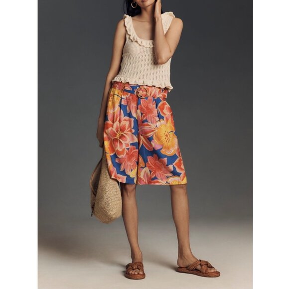 Farm Rio Anthropologie Linen Blend Belted Floral Bermuda Shorts Size XL - Picture 3 of 8